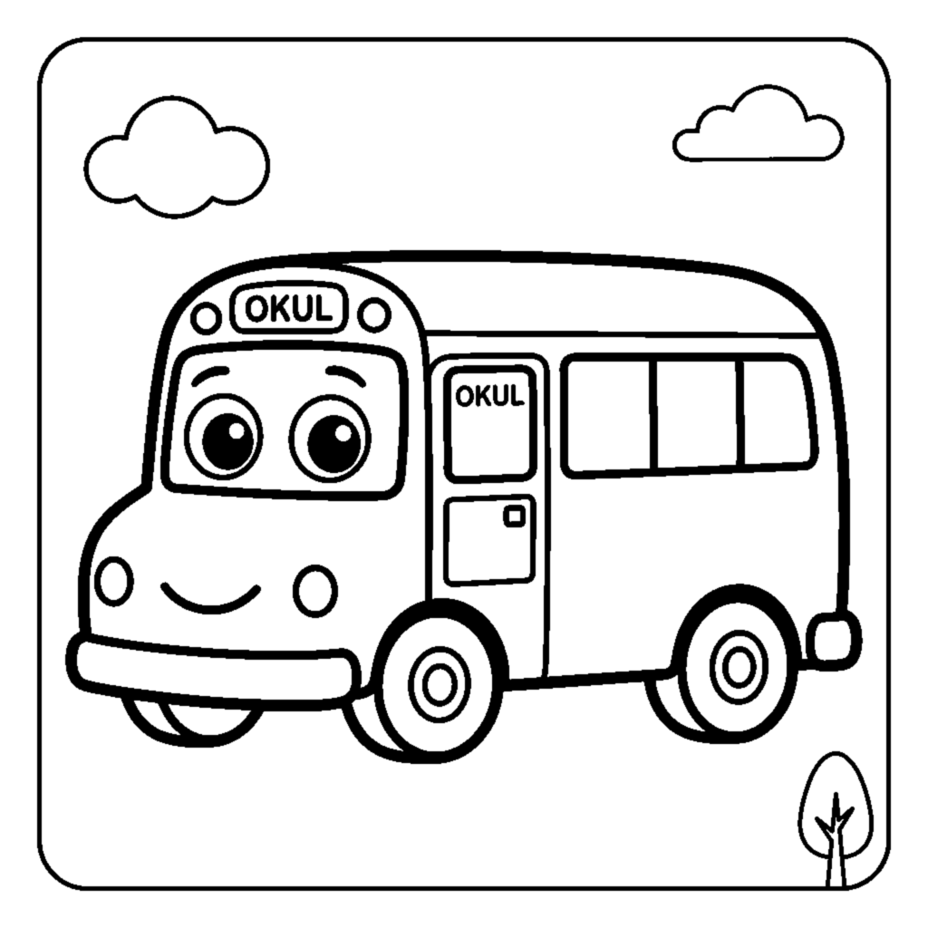 Happy yellow school bus with a cute face coloring page