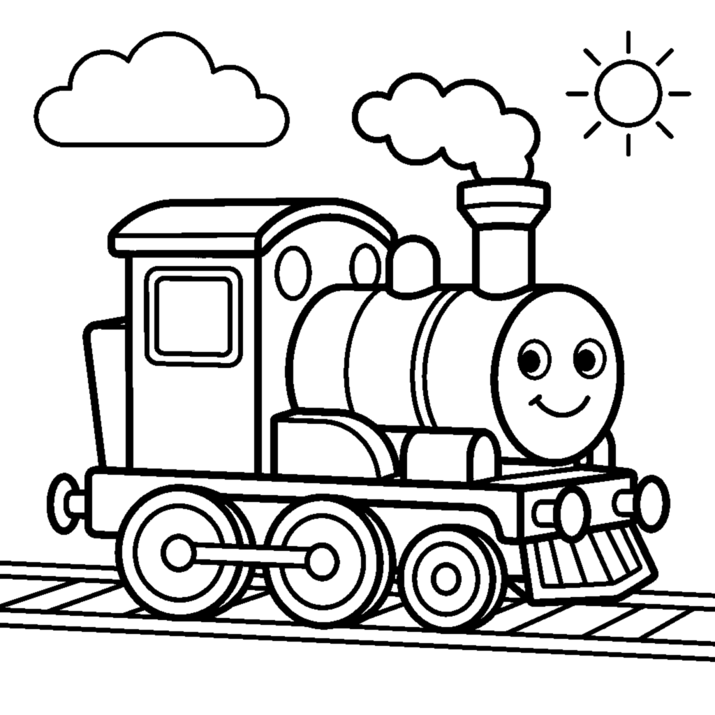 Happy blue train engine for toddlers coloring page