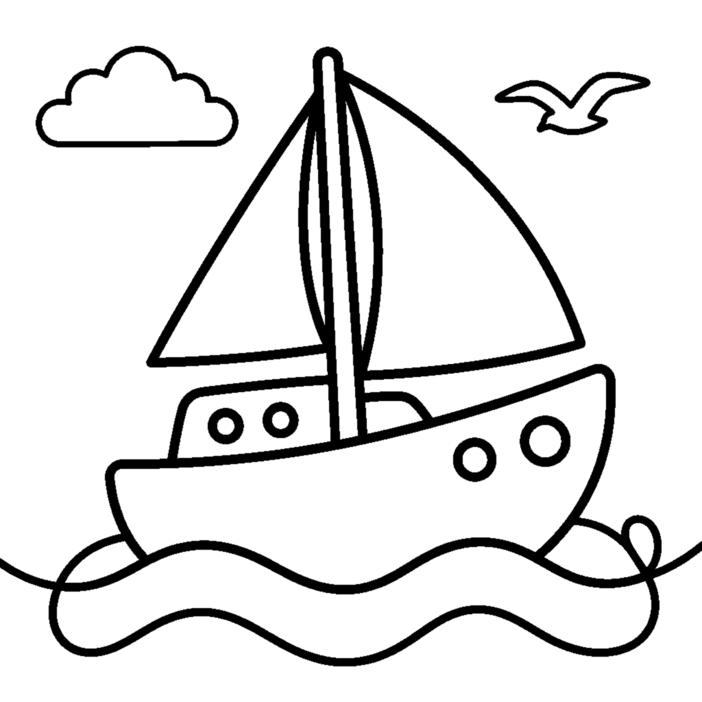 Cute white sailboat on the waves coloring page