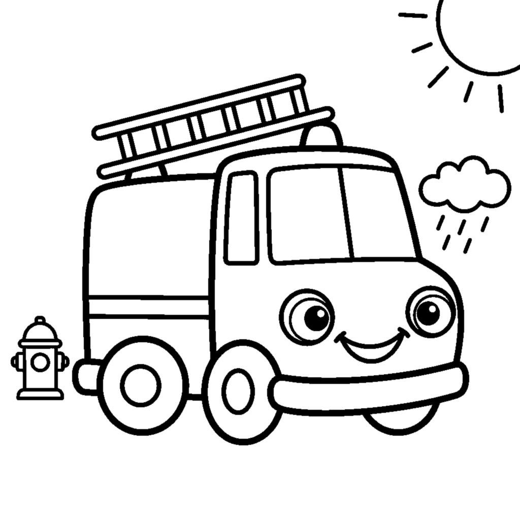 Friendly red fire truck with a smiling face coloring page