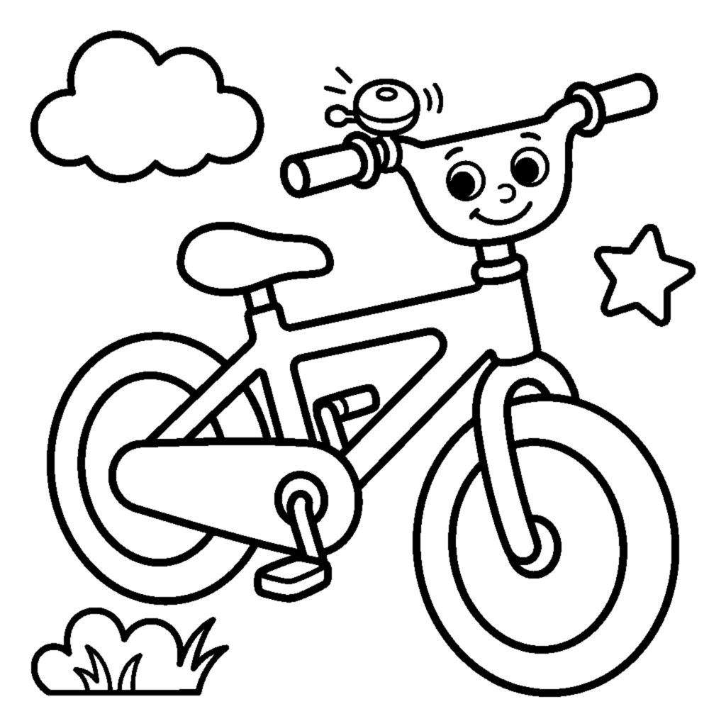 Smiling orange bicycle with a bell coloring page