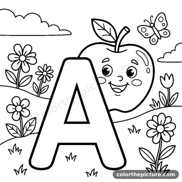 Letter A with a cute Apple in a floral scene coloring page