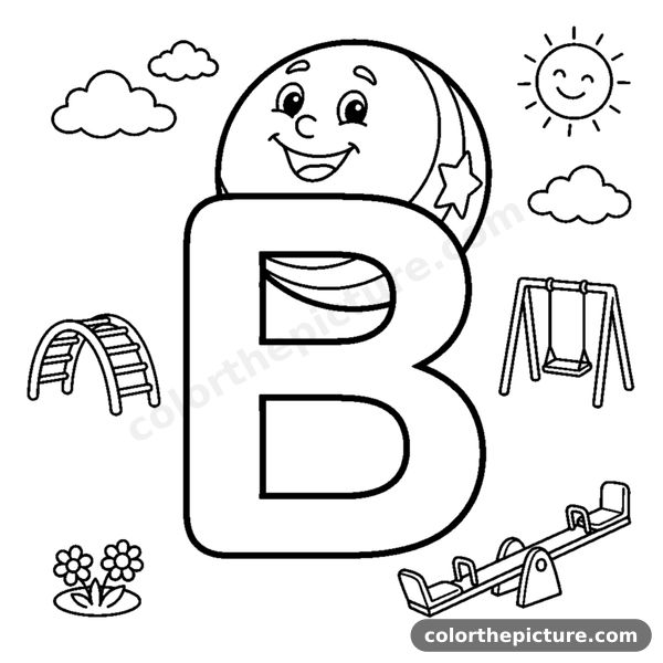 Letter B with a cheerful Ball in a playground scene coloring page