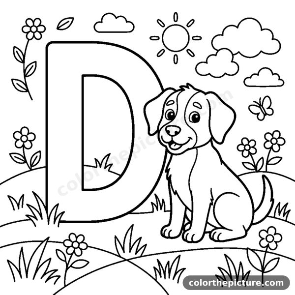 Letter D with a loyal Dog in a grassy park coloring page