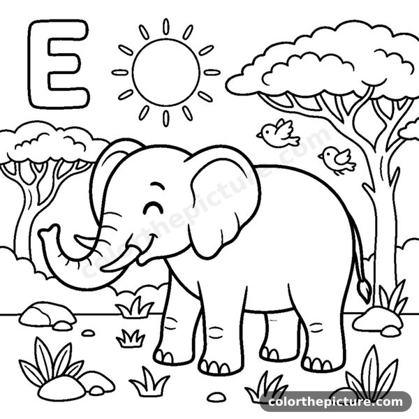 Letter E with a huge Elephant in a safari scene coloring page
