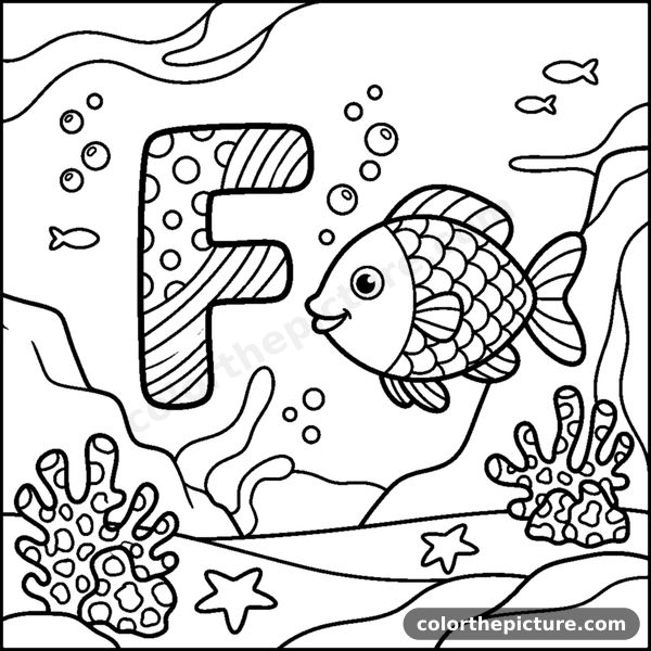 Letter F with a colorful Fish in an underwater scene coloring page