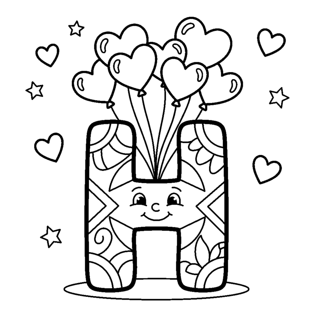 Letter H with cute Heart balloons coloring page