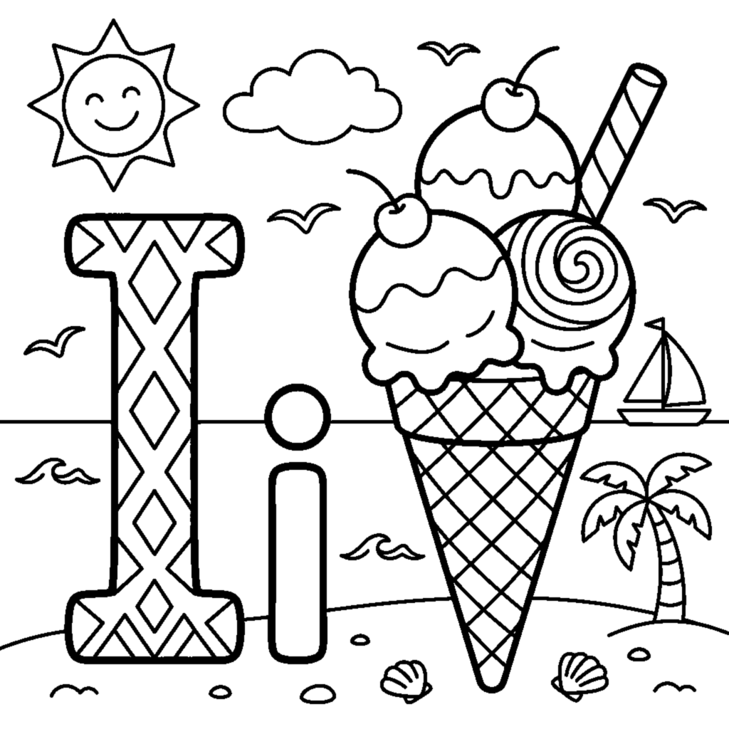 Letter I with a cool Ice cream cone in a summer scene coloring page