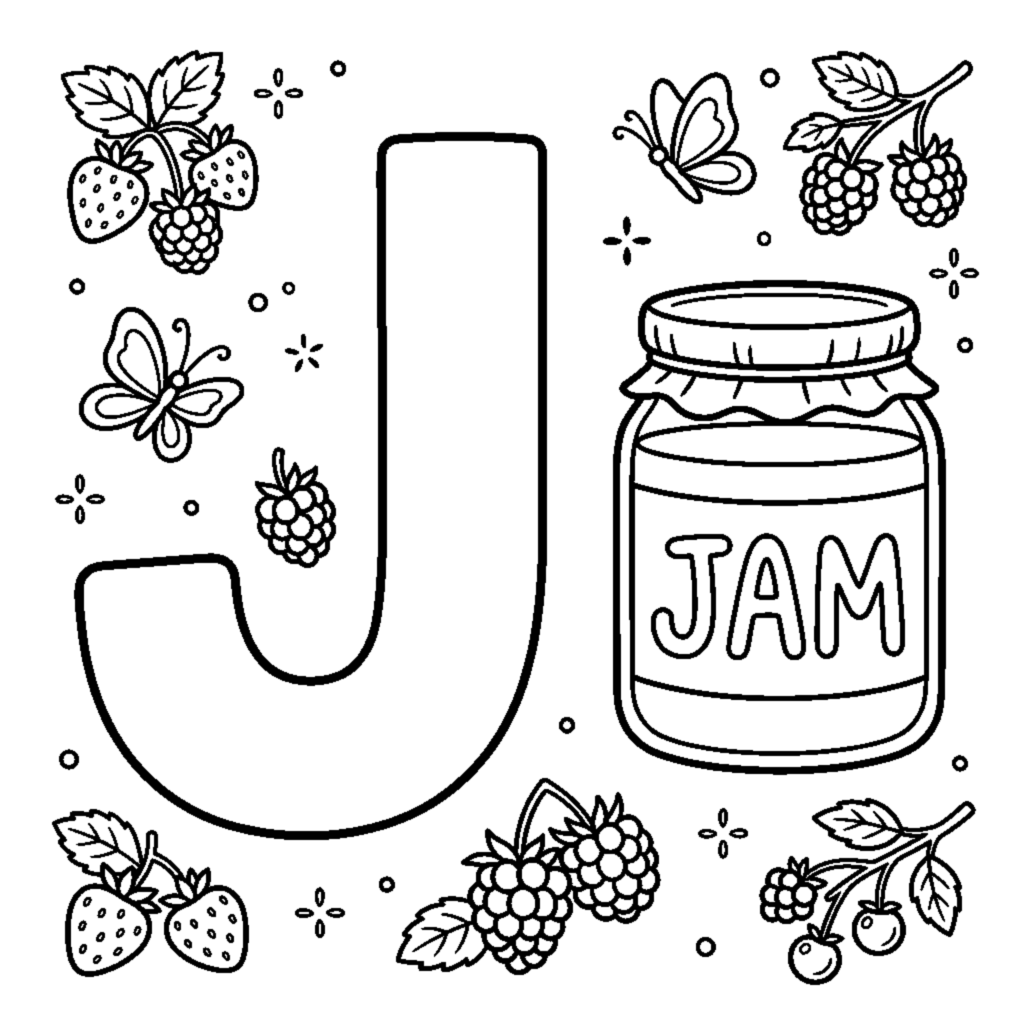 Letter J with a sweet jar of Jam at breakfast coloring page