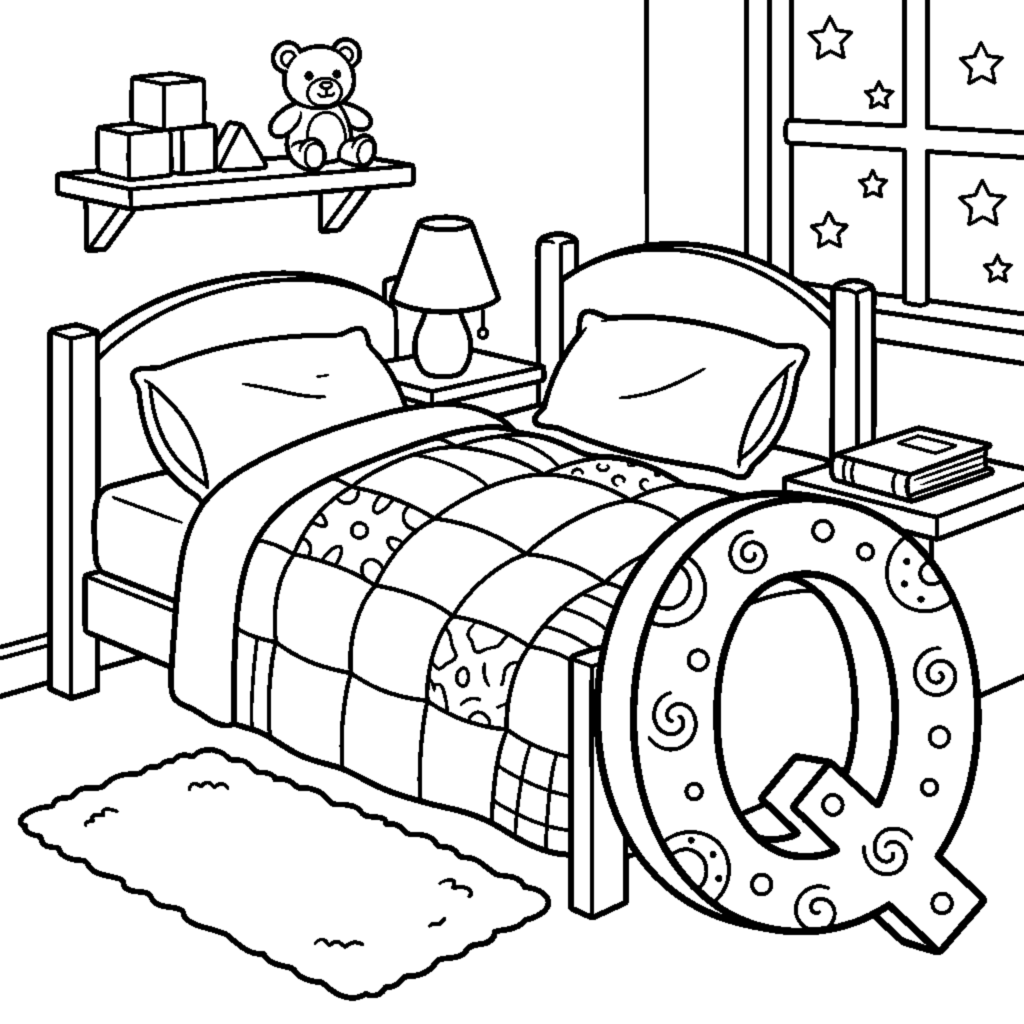 Letter Q with a colorful Quilt in a cozy bedroom coloring page
