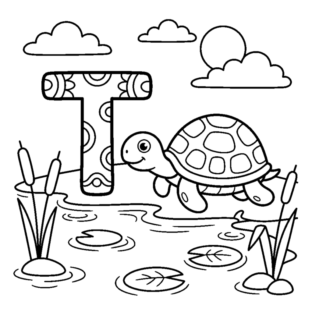 Letter T with a friendly Turtle by a pond coloring page
