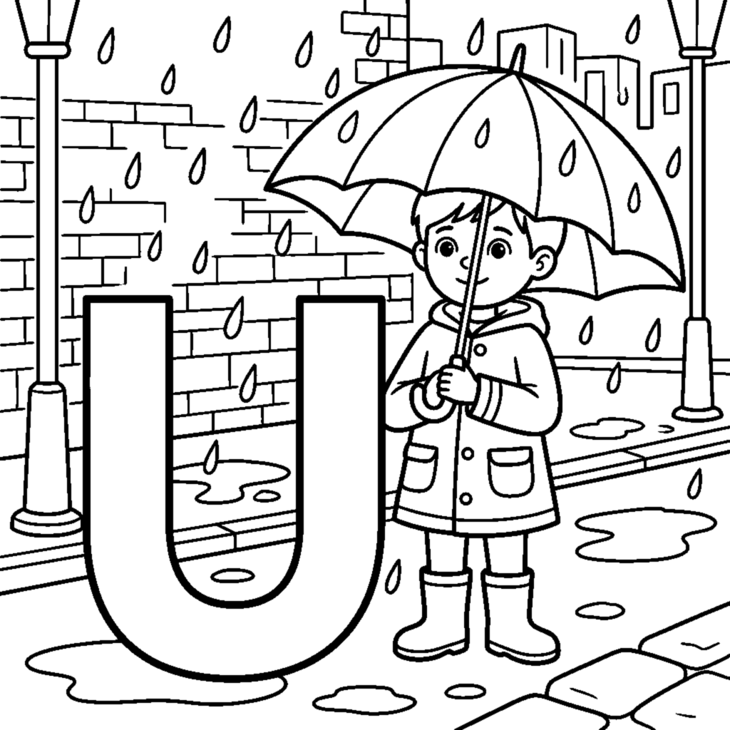 Letter U with a colorful Umbrella on a rainy day coloring page