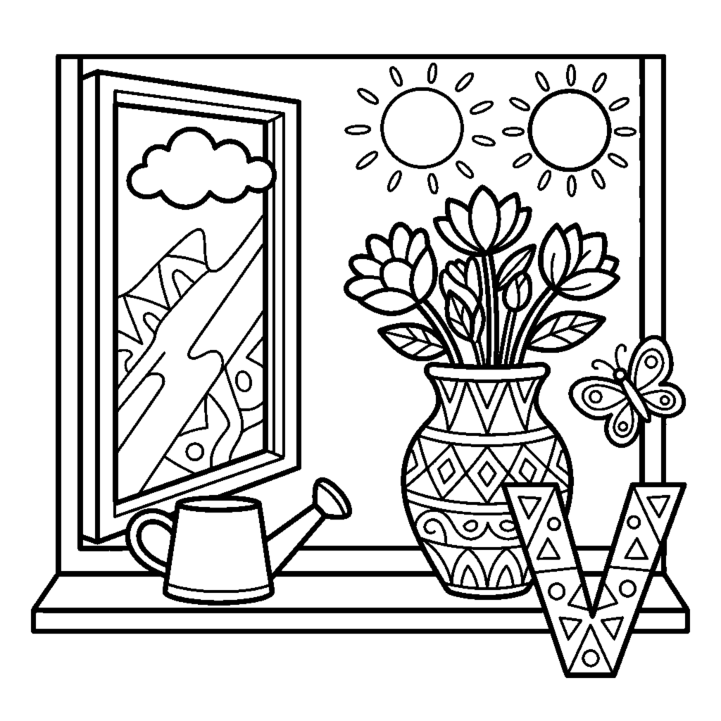Letter V with flowers in a colorful Vase by the window coloring page