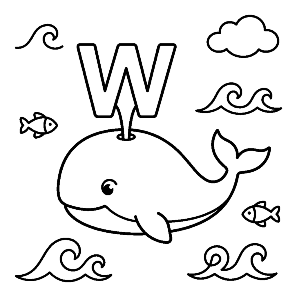 Letter W with a giant Whale in the ocean coloring page