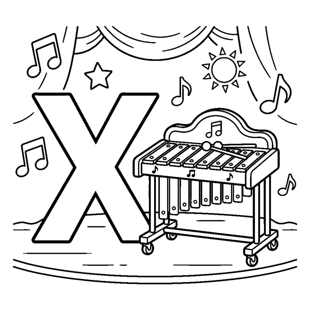 Letter X with a colorful Xylophone coloring page
