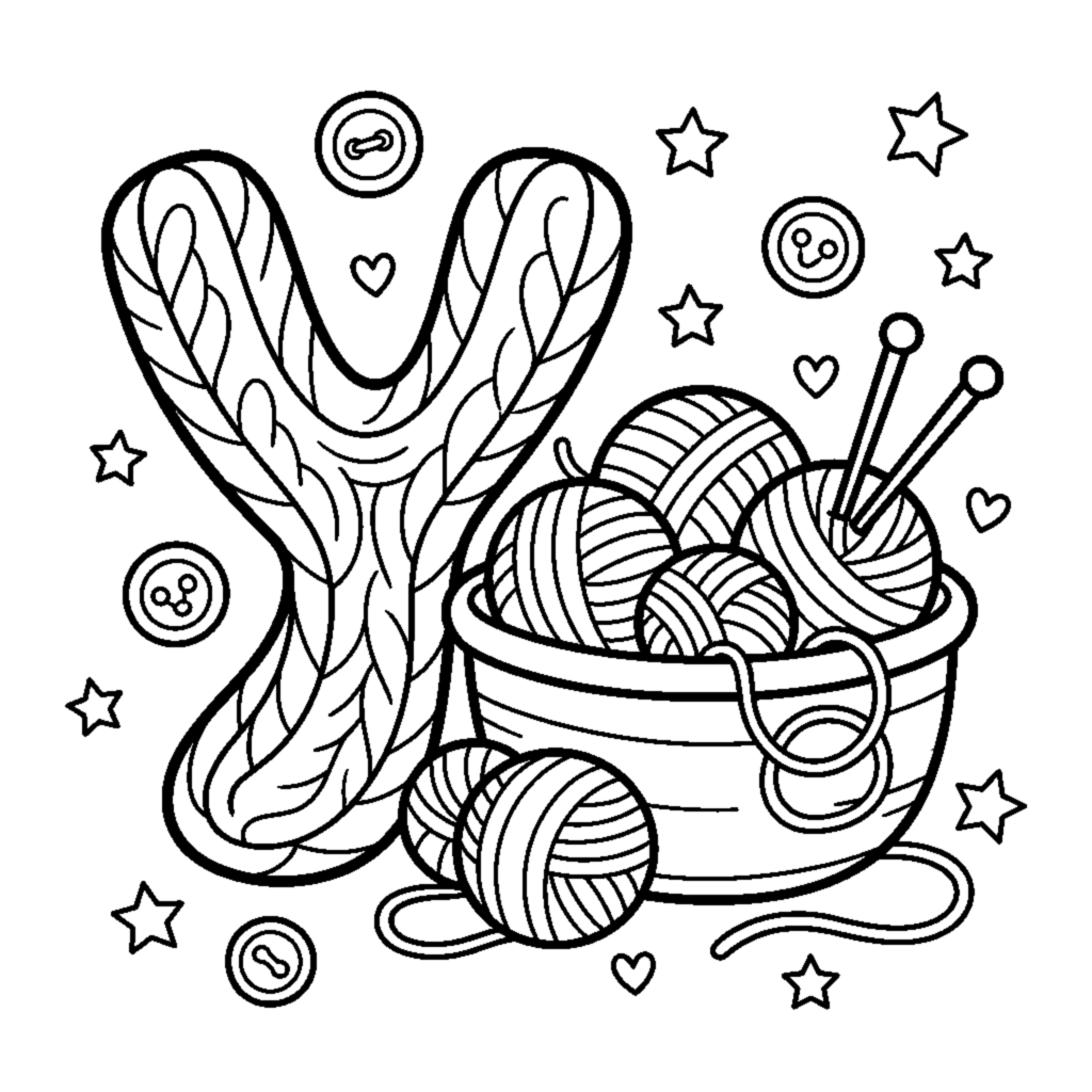 Letter Y with a soft ball of Yarn in a basket coloring page