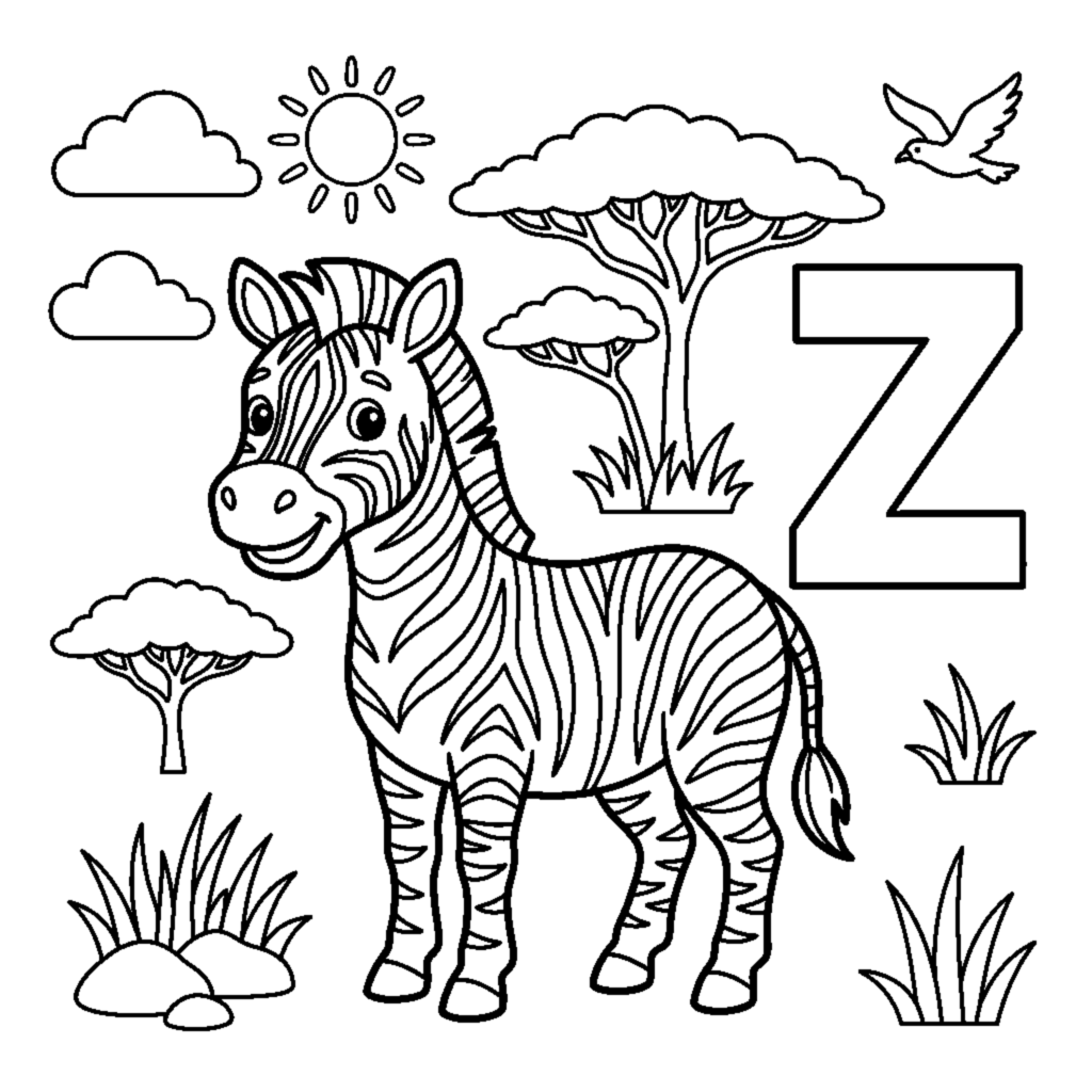 Letter Z with a striped Zebra in the savanna coloring page