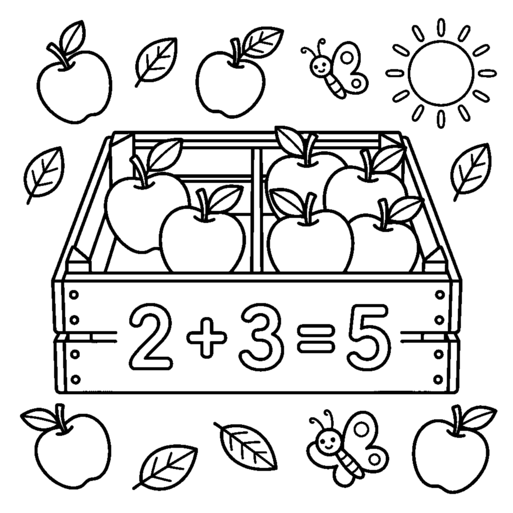 Addition scene: 2 apples plus 3 apples coloring page