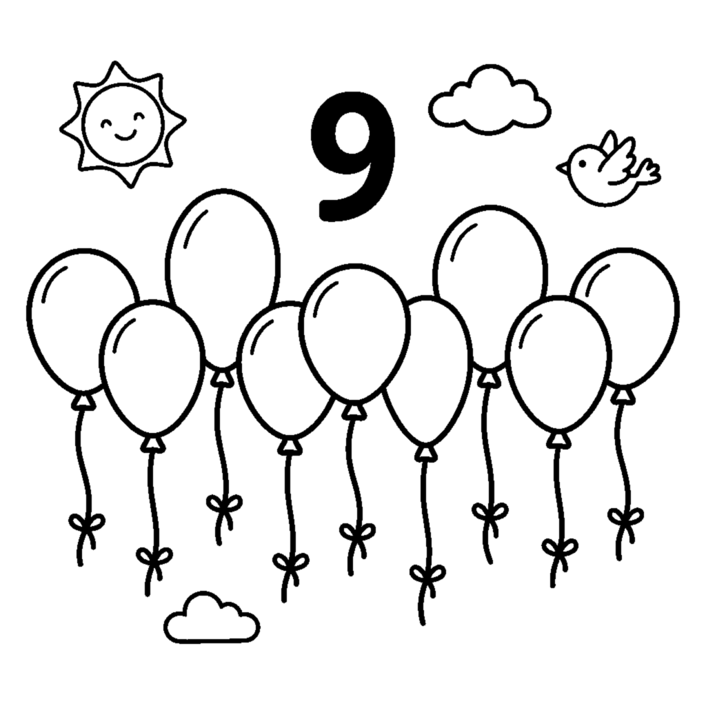 Color the 9 colorful balloons in a row coloring page