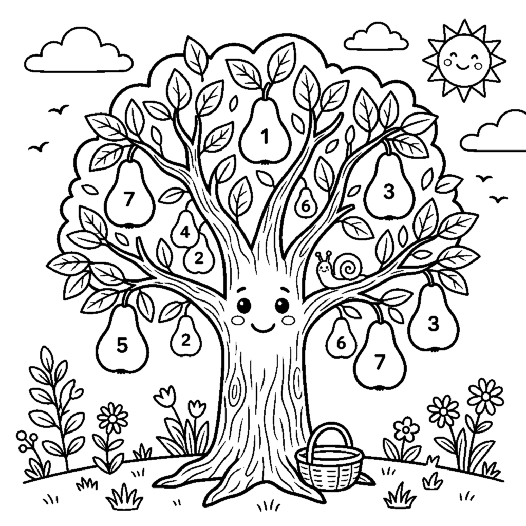 Count the odd-numbered ripe pears on the tree coloring page