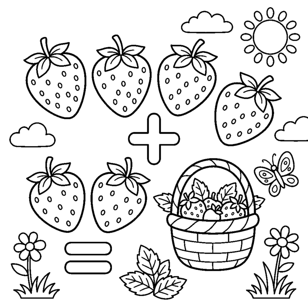 Addition scene: 4 strawberries plus 2 strawberries coloring page