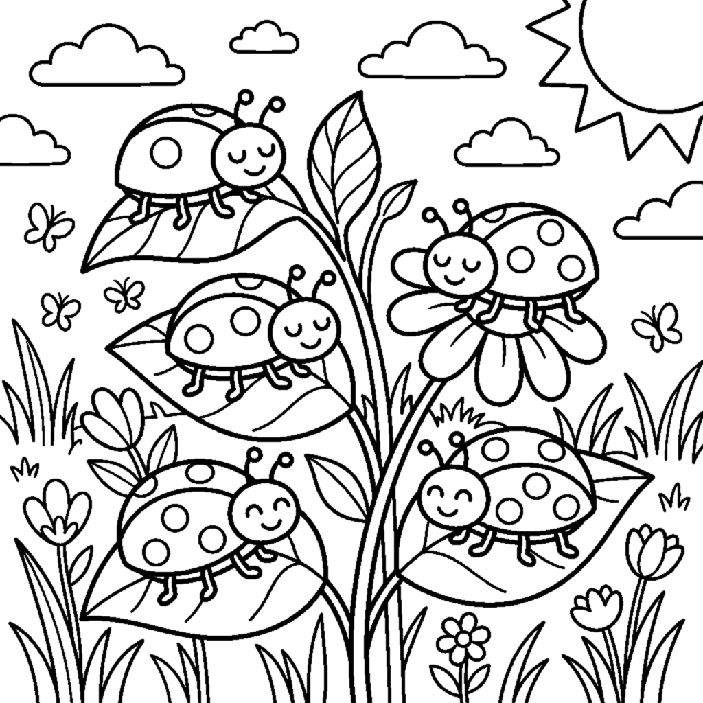 Count the 5 ladybugs in the meadow coloring page
