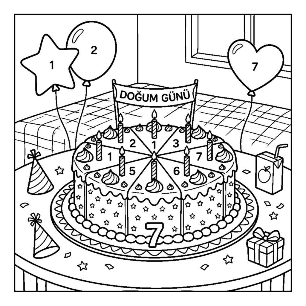 Count and color the 7 slices of cake on the table coloring page