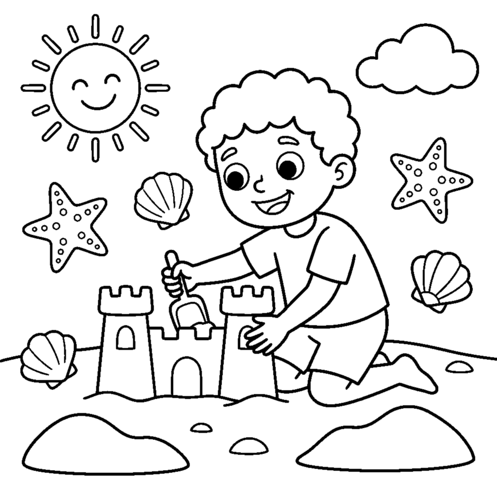 A child building a sandcastle by the sea under the summer sun coloring page