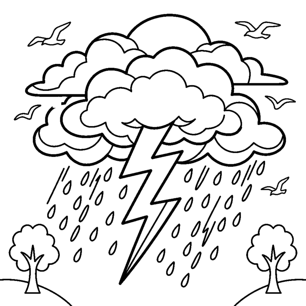 Loud storm clouds with lightning and rain in the sky coloring page