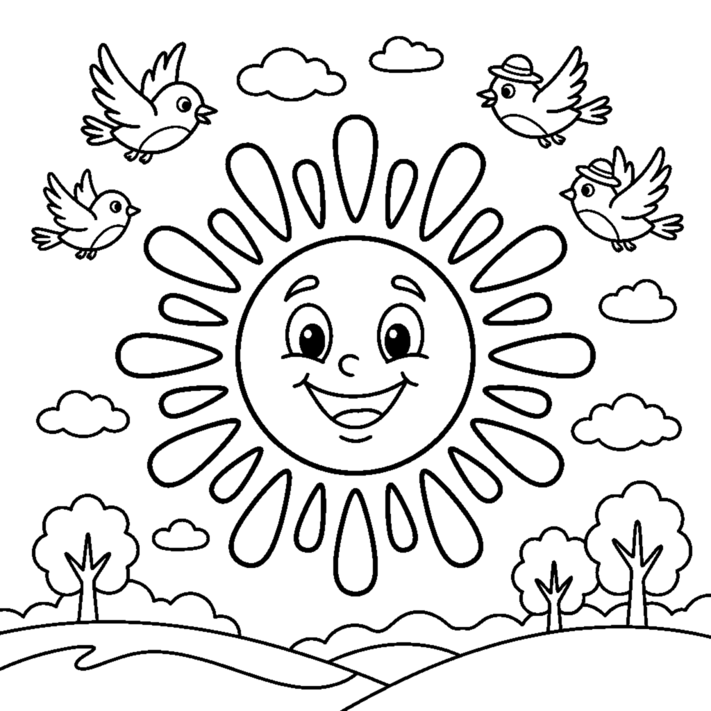 A sunny summer day with a bright sun in a clear blue sky coloring page