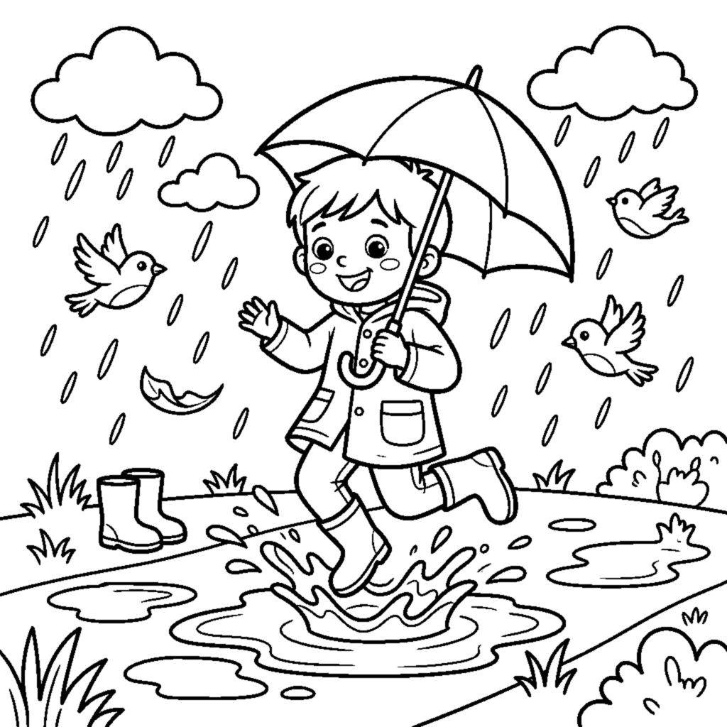A child with an umbrella jumping in puddles on a rainy day coloring page