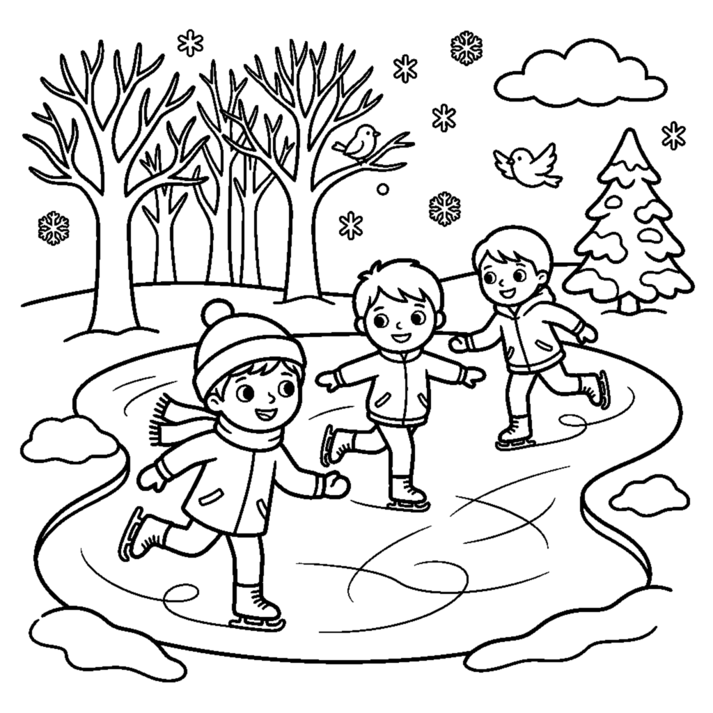 Children ice skating on a frozen pond in winter coloring page