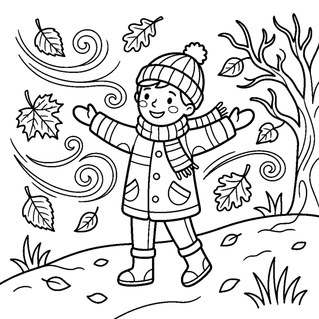 Yellow and orange leaves flying in the autumn wind coloring page