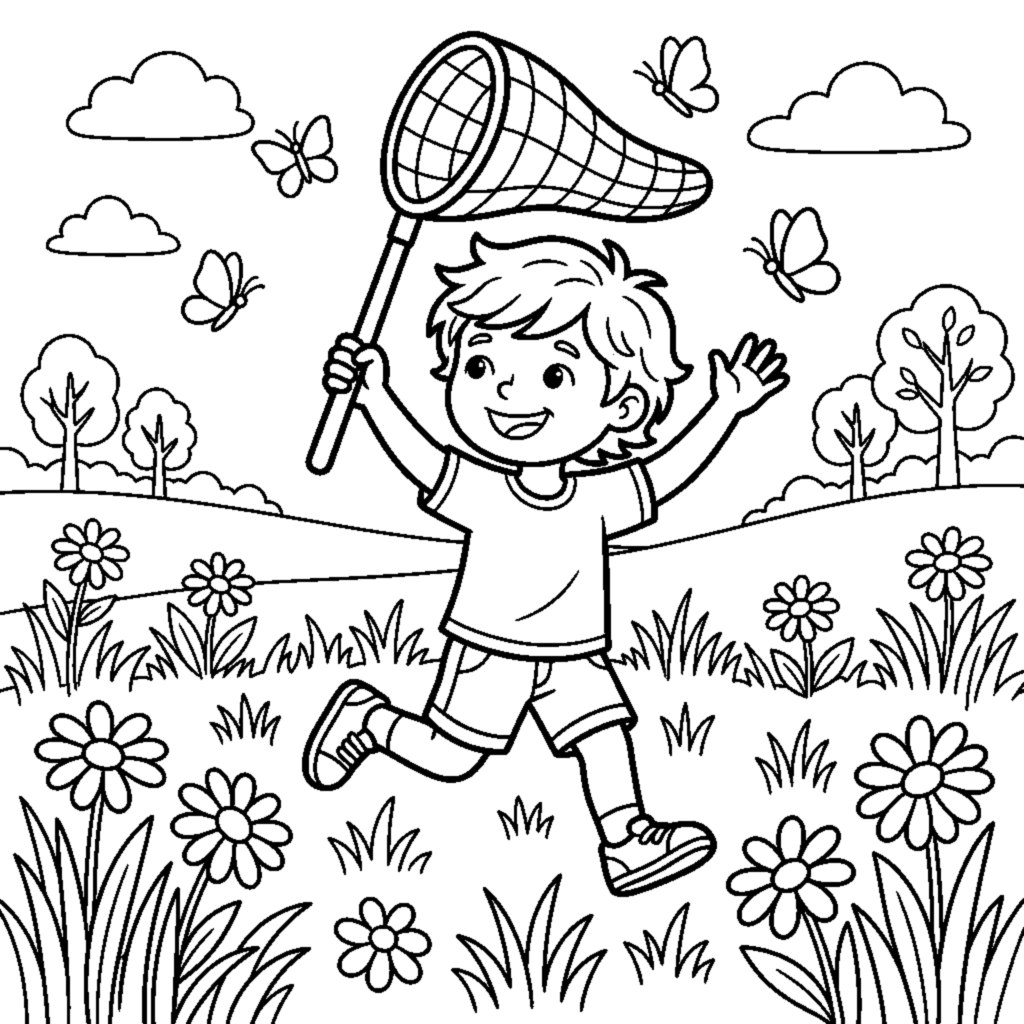 A child with a butterfly net running through a meadow of daisies coloring page