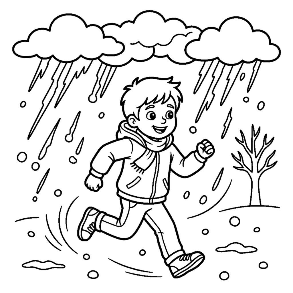 Child running in a jacket during a hailstorm coloring page