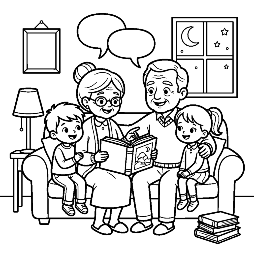 Grandma and grandpa reading a storybook to their grandchildren coloring page