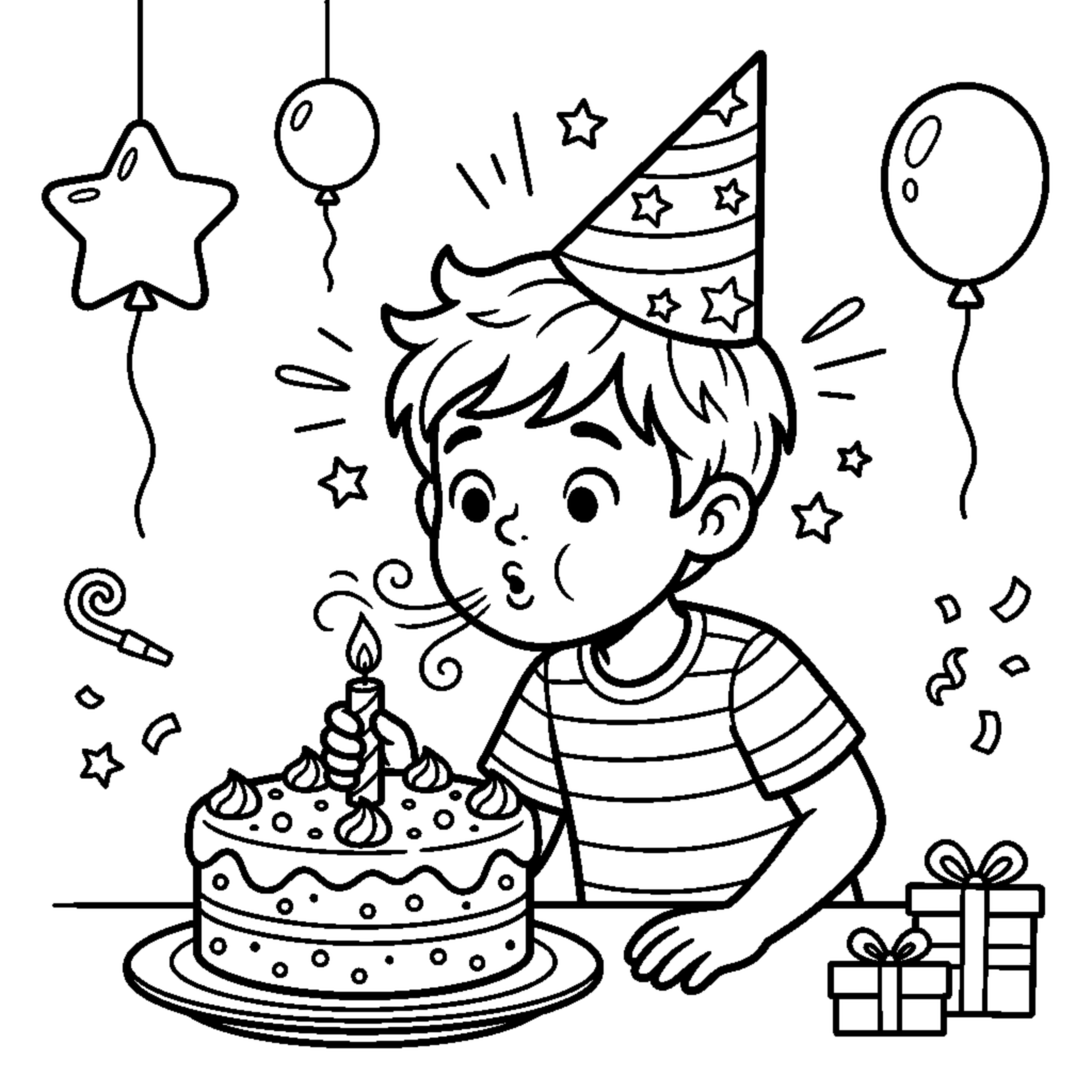 An excited child blowing out the candles on a birthday cake coloring page