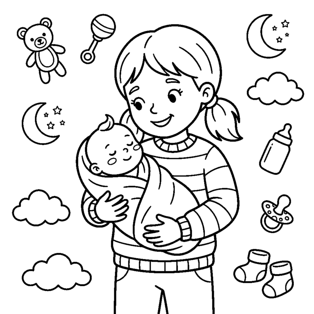 A loving big sister holding her newborn baby sibling coloring page