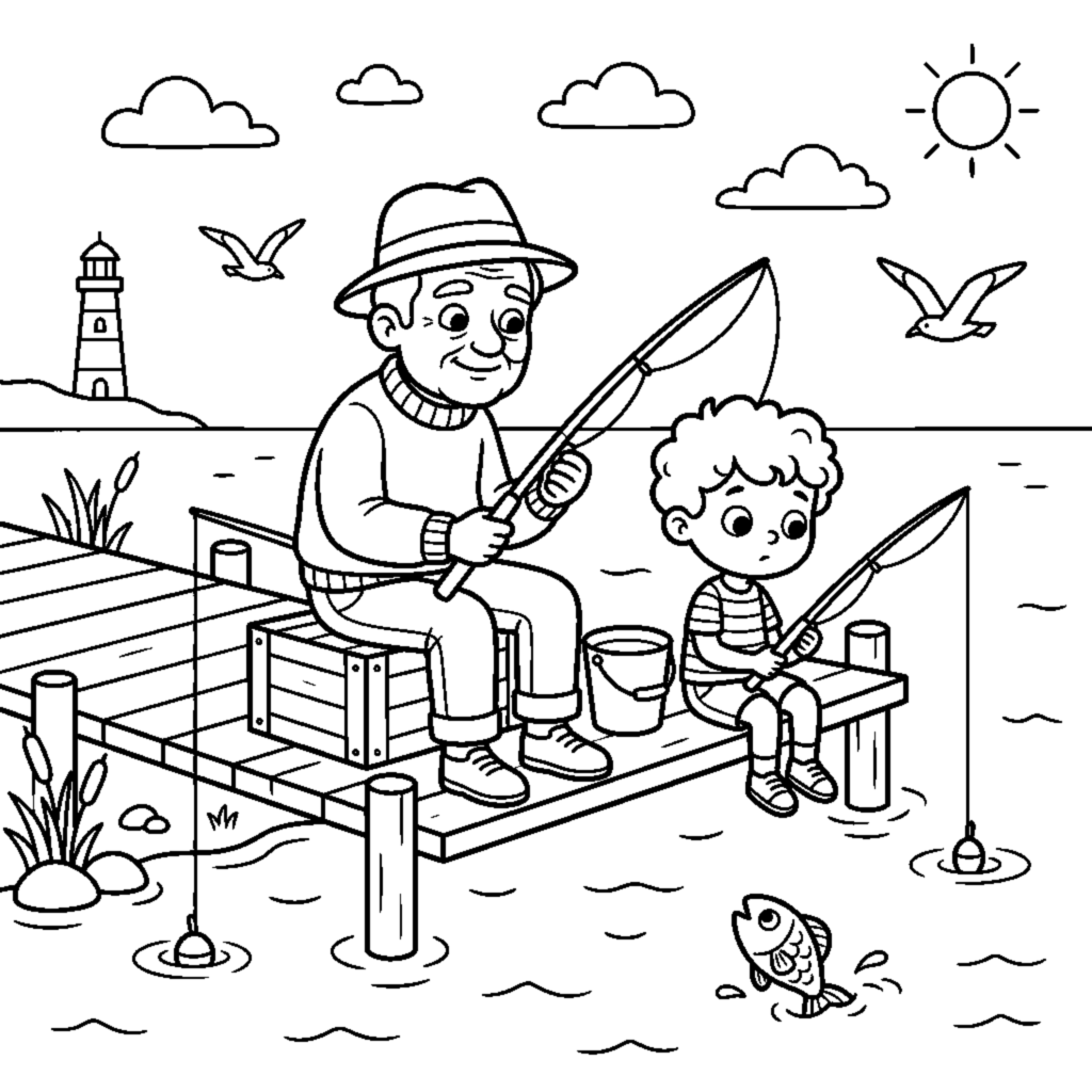 A curious grandchild going fishing with their grandpa coloring page