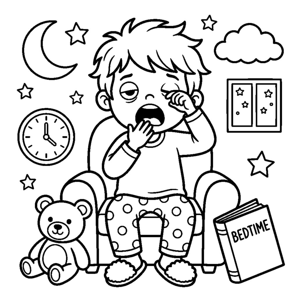 A sleepy child in pajamas, yawning and looking tired coloring page