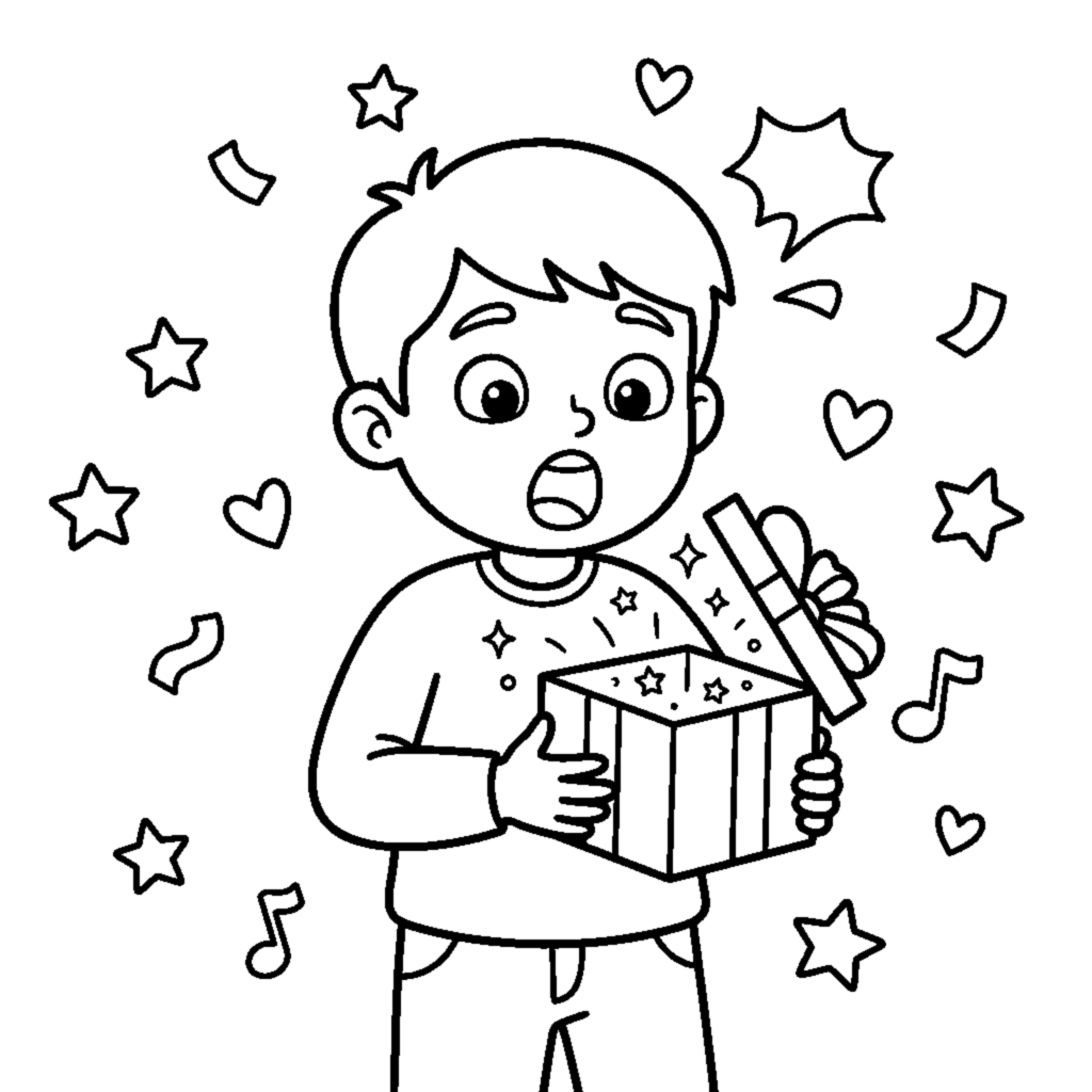 Surprised child with mouth open seeing a surprise gift coloring page