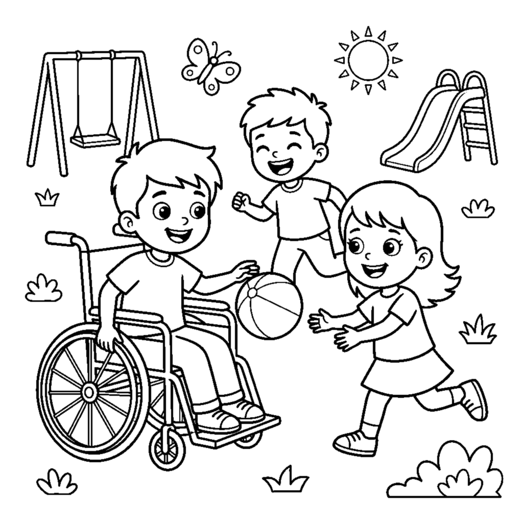 Children playing a game with their friend in a wheelchair coloring page