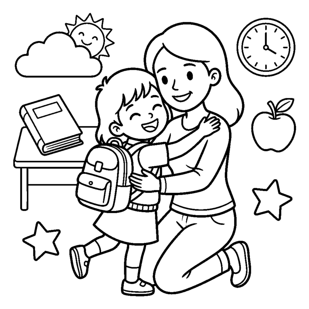 Child home from school giving mom a big hug coloring page