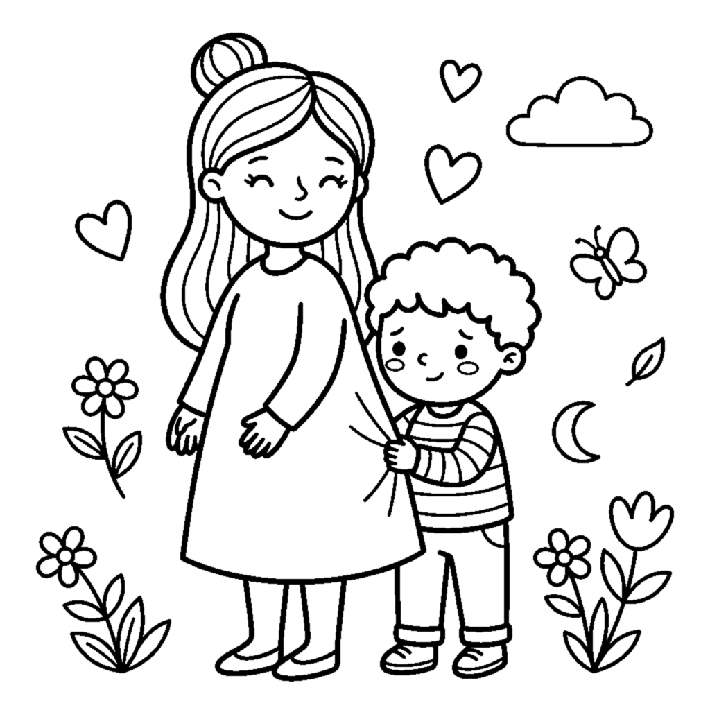 A shy little child hiding behind their mom when scared coloring page