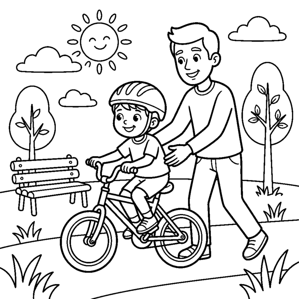 A proud child learning to ride a bike with their dad coloring page