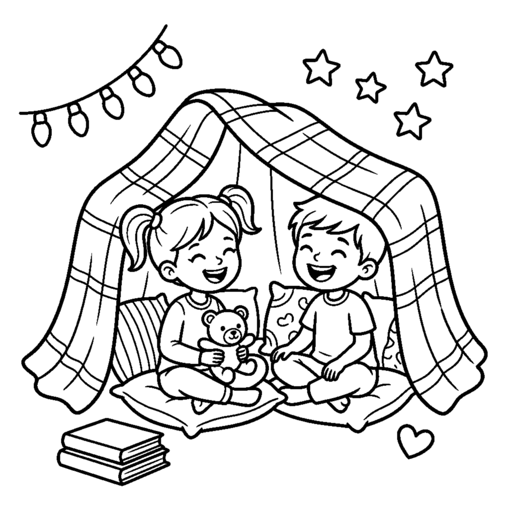 Two siblings laughing in their blanket fort coloring page
