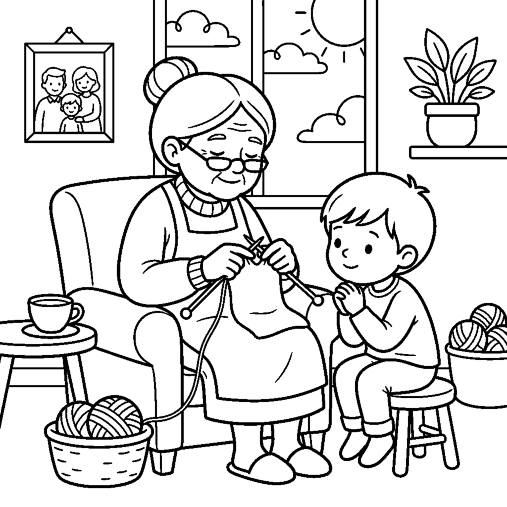 A patient grandchild watching their grandmother knit coloring page