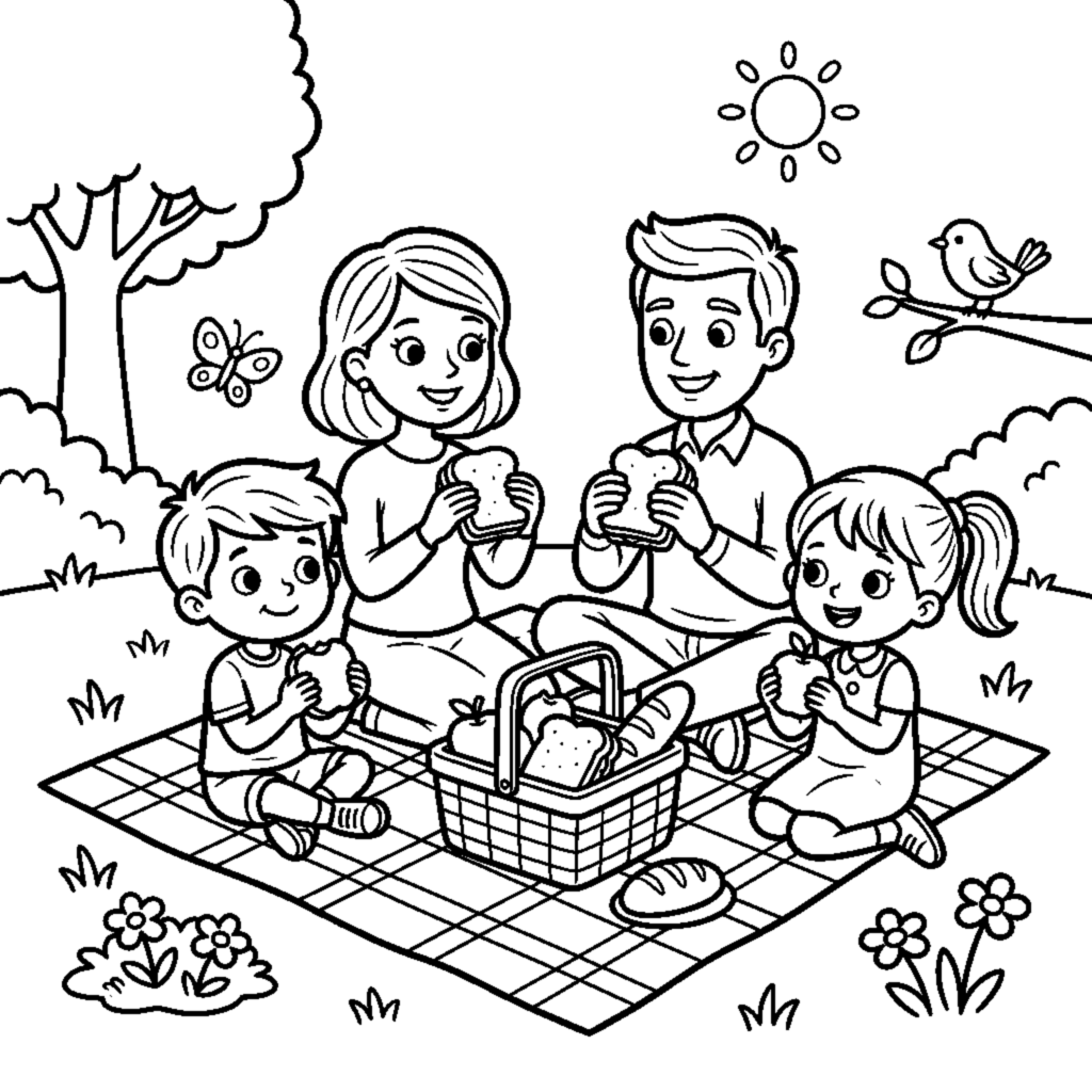 A family enjoying a meal together on the grass during a picnic coloring page