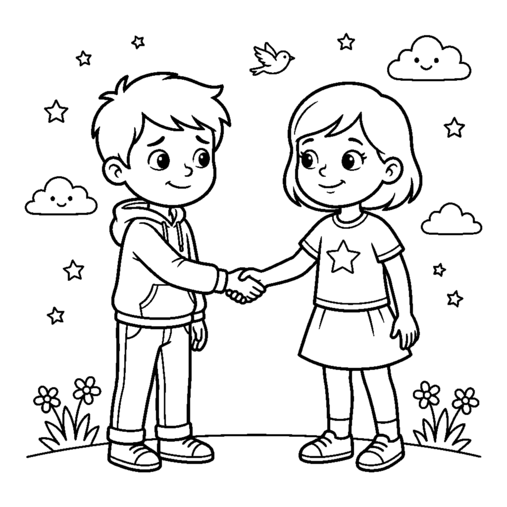 A shy child meeting a new friend and shaking hands for the first time coloring page