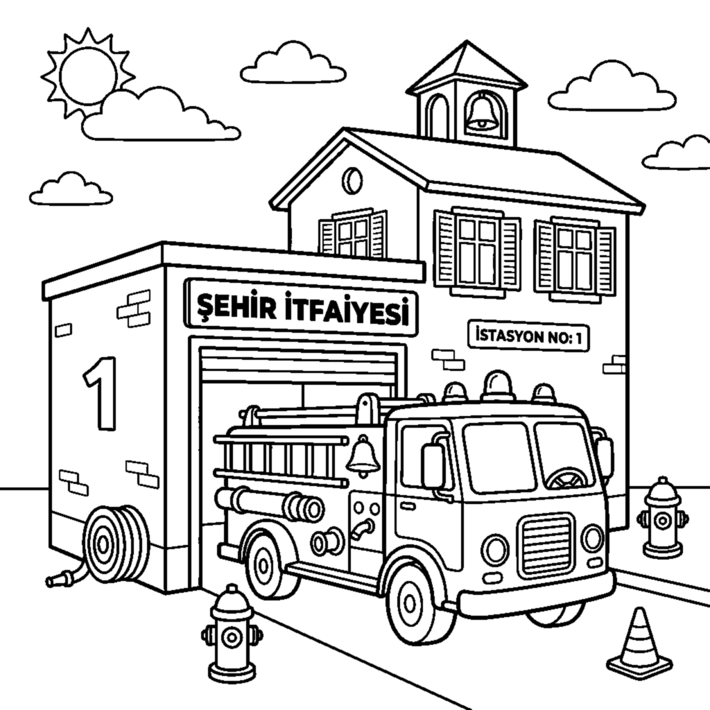 City Fire Station with a Red Fire Truck coloring page